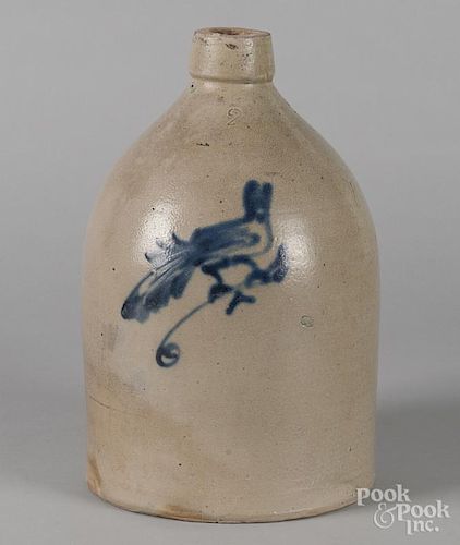 Two-gallon stoneware jug, 19th c., with cobalt bird decoration, 13 1/4'' h.