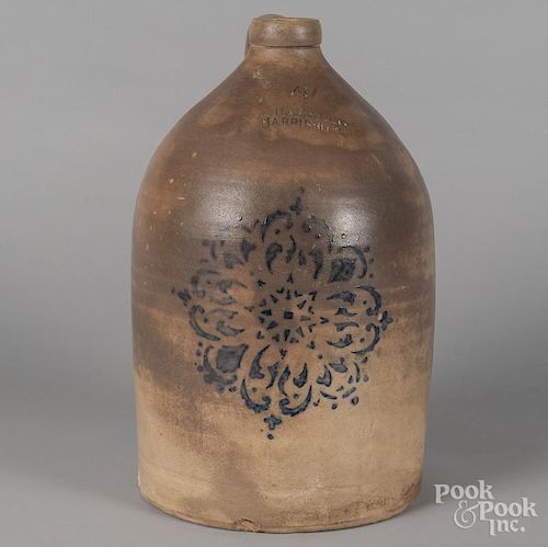 Four-gallon stoneware jug, 19th c., impressed F. H. Cowden, with cobalt stenciled snowflake decora