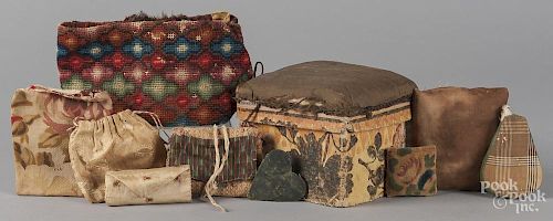 Wallpaper box, 19th c., together with a group of sewing accessories/bags, etc.