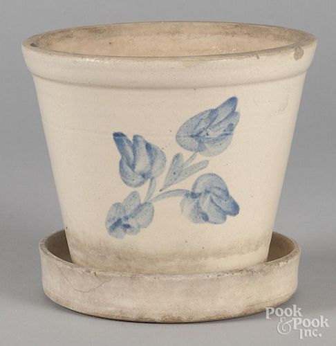 Stoneware flowerpot, ca. 1900, attributed to Haig, with cobalt floral decoration, 6 3/4'' h.