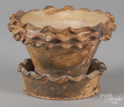 Shenandoah Valley redware flowerpot, 19th c., impressed Solomon Bell Strasburg, VA, 4 1/2'' h.