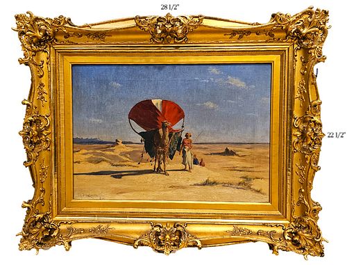 Oil On Canvas Orientalist 'Desert Caravan' Signed On Lower Left