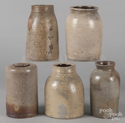 Five stoneware crocks, 19th c., one impressed Cowden & Wilcox, tallest - 8 3/4'' h.