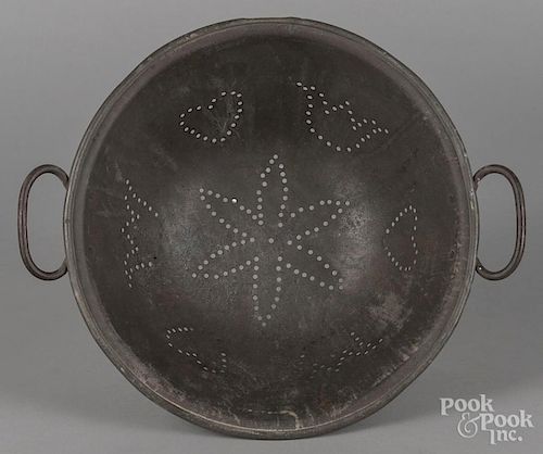 Tin colander, 19th c., with heart and tulip decoration, 5 3/4'' h., 12 3/4'' w.
