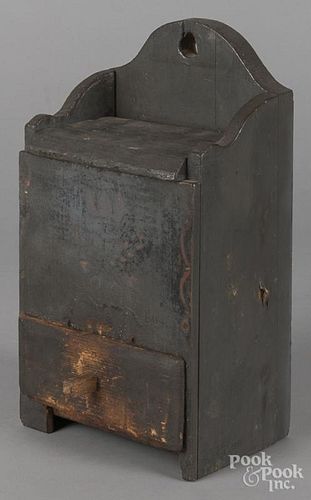 Painted pine hanging salt box, 19th c., retaining an old grey paint over original grey paint with tu