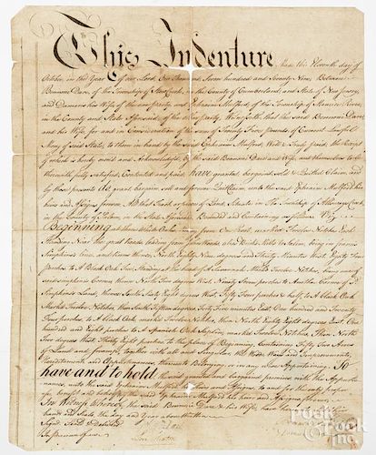 Cumberland County, New Jersey land indenture, dated 1779, 16'' x 12 1/2''.