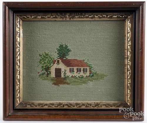 Two Victorian needleworks of houses, 7 1/2'' x 9 1/2''.