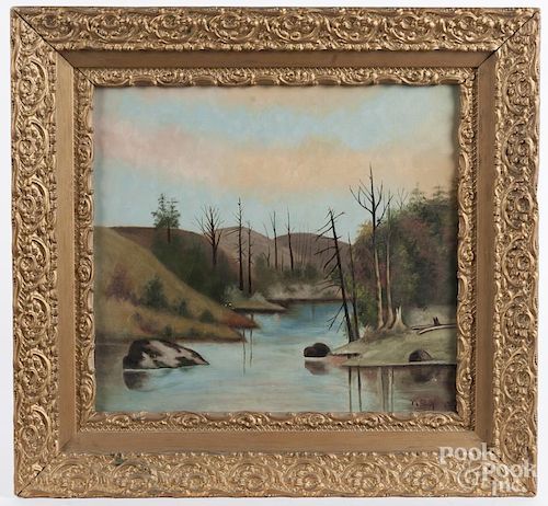 Primitive oil on canvas landscape, dated 1906, 14'' x 16 1/2''.