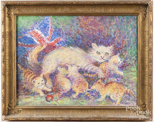 Attributed to Hortense Gordon (Canadian 1886-1961), oil on canvas of a cat and kittens, inscribed on