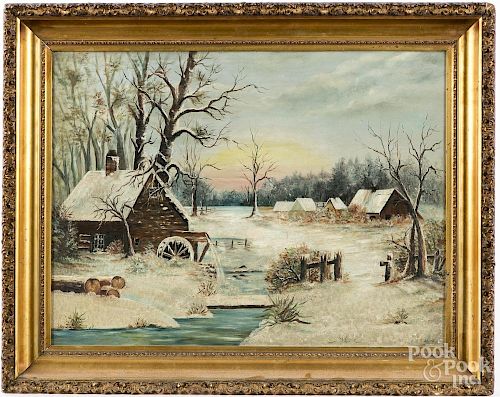Oil on canvas primitive winter landscape, late 19th c., 18 1/2'' x 24 1/2''.