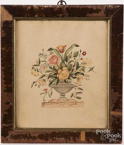 American watercolor of an urn of flowers, 19th c., the artist identified on label verso as Caroline