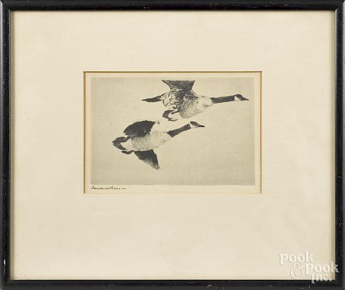 Two Frank Benson restrikes of ducks and geese in flight, 4'' x 6'' and 7'' x 8 3/4''.