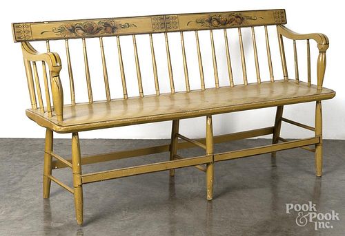 Painted deacons bench, 19th c., retaining a later yellow surface 32'' h., 59 1/4'' w.
