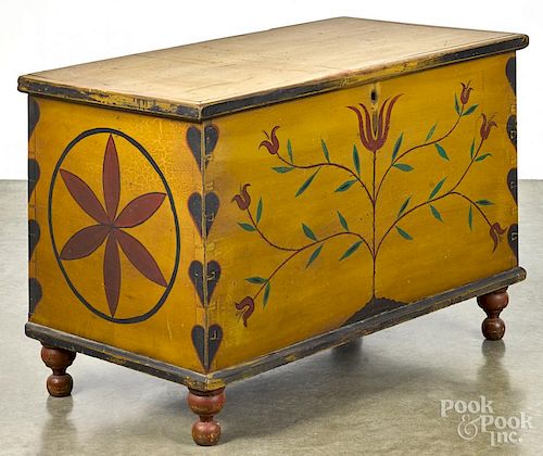 Pennsylvania painted poplar dower chest, 19th c., retaining a later decorated surface, 25'' h., 36'' w