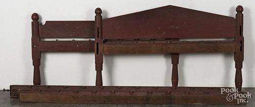 Red painted rope bed, 19th c., 29 1/4'' h., 49 1/4'' w., 75'' d., together with two daybed ends.