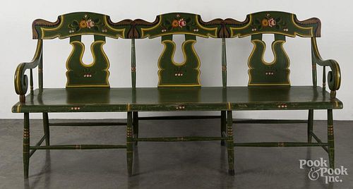 Pennsylvania painted deacons bench, 19th c., retaining a later decorated surface, 36 1/2'' h., 75'' w.