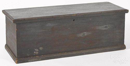 Painted pine blanket chest, ca. 1800, retaining an old blue/grey surface, 17 1/4'' h., 48'' w.