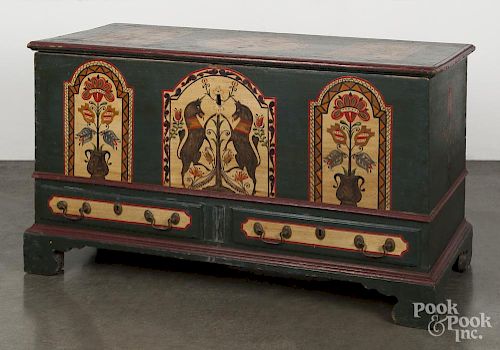 Pennsylvania painted poplar dower chest, late 18th c., retaining a later decorated surface, 27 1/2''