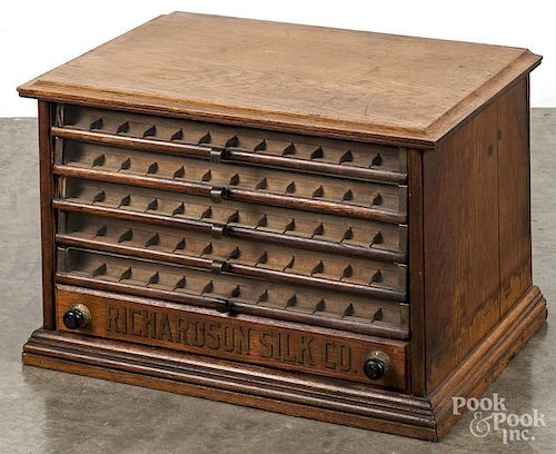 Richardson Silk Co. oak spool cabinet, 14 3/4'' h., 23'' w.