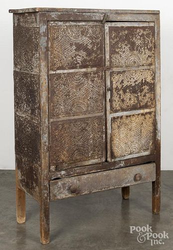Painted pie safe, 19th c., with punched tin panels, 53'' h., 34 1/2'' w.