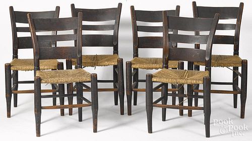 Set of six rush seat dining chairs, 19th c.