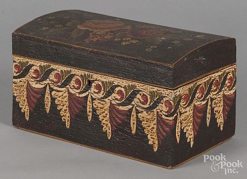 Painted pine dome lid box, 19th c., retaining a later decorated surface, 5 3/4'' h., 10 1/2'' w.