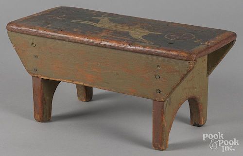Painted pine stool, 19th c., with later decoration in the manner of Spitler, 7'' h., 15'' w.