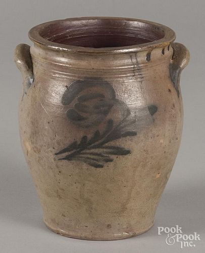 Stoneware crock, 19th c., probably New York, with cobalt floral decoration, 7'' h.
