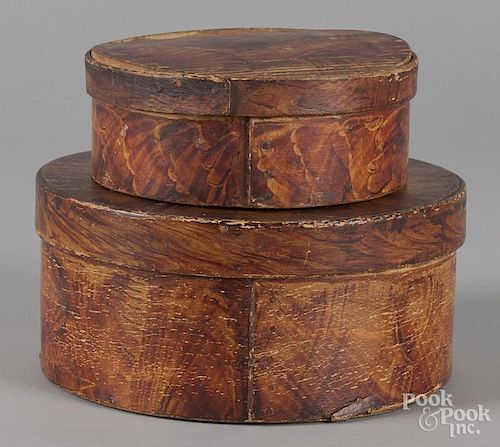 Two sponge decorated bentwood boxes, 19th c., 3 3/4'' h., 8'' w., 2 1/2'' h., 6 1/4'' w.