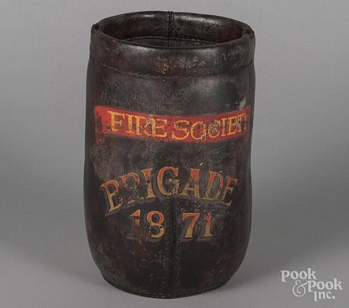 Painted leather fire bucket, 19th c., inscribed Fire Society Brigade 1871, 11 3/4'' h.