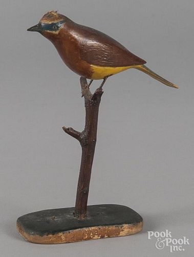 Carved and painted songbird, 19th c., 7'' h.