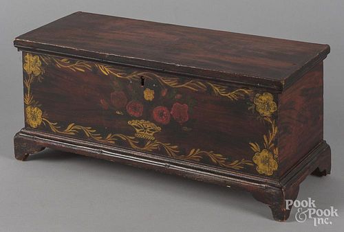 Miniature painted pine blanket chest, 19th c., with later Schoharie style decoration, 7 3/4'' h., 19''