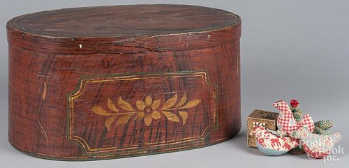 Painted bentwood box, 19th c., retaining its original red and black grain decoration with later gree