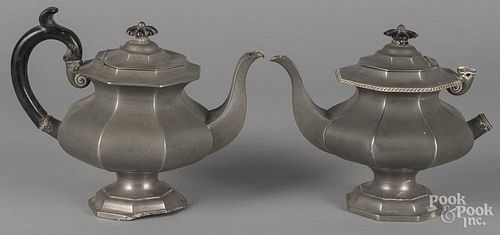 Two James Dixon and Sons pewter teapots, 19th c., 8'' h.