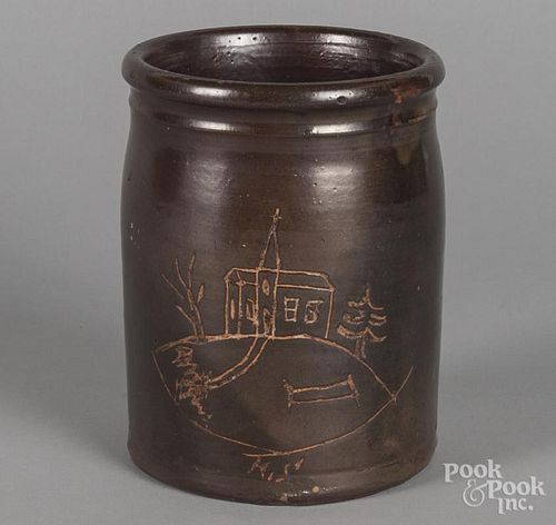 Redware crock, early 20th c., with incised decoration of a church, 7 1/4'' h.