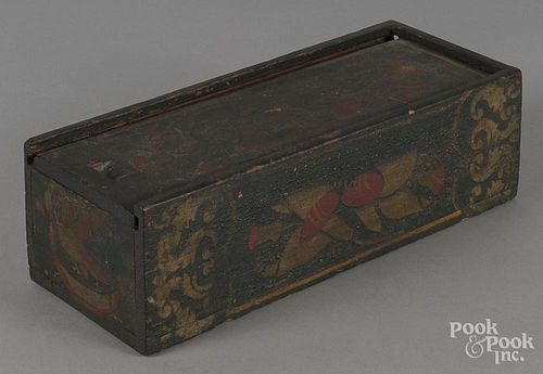 Painted pine slide lid box, retaining an old stenciled decoration on a green ground, 3 3/4'' h., 13''