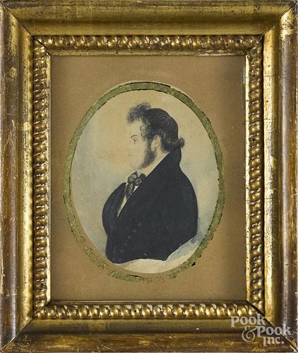 Two ink and watercolor miniature portraits of gentlemen, ca. 1830, 3 1/2'' x 2 1/2'' and 3 3/4'' x 2 3/