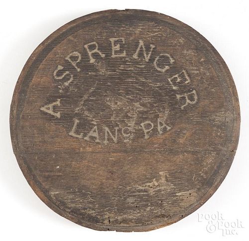 Sprenger, Lancaster PA, stamped wooden brewery keg lid, 19th c., 9 5/8'' dia.