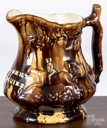 Rockingham glaze presentation pitcher, 19th c., attributed to Swan Hill Pottery, New Jersey, inscrib