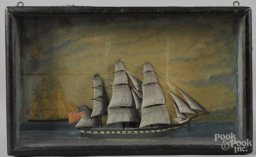 Painted ship diorama, late 19th c., 11'' x 18''.