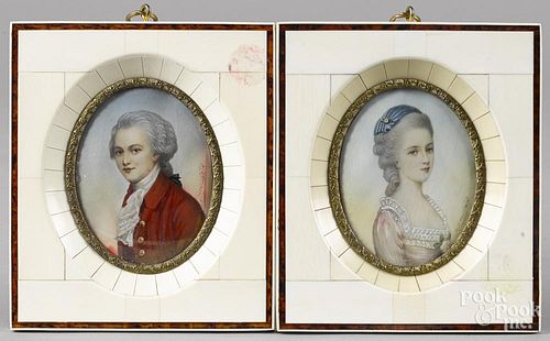 Pair of miniature watercolor portraits of a man and woman, with ivory frames, frame - 5 1/2'' x 4 3/4