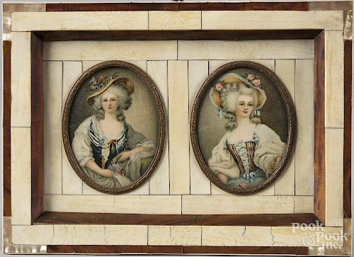 Two framed printed miniature portraits in an ivory frame, 6 3/4'' x 9 1/4''.