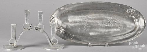 Art Nouveau tin fish platter, 11'' l., 24 1/4'' w., together with a pair of Everlast Metal candlestick