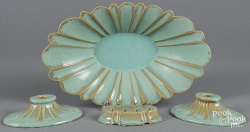 Fulper pottery four-piece set, to include a centerpiece bowl, 3 1/2'' h., 16 1/4'' dia., a flower frog
