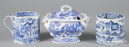 Two blue Staffordshire mugs, 4 1/4'' h., together with a Made in Japan sauce tureen.