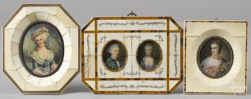 Two printed miniature portraits in ivory frames, together with a framed pair of a man and wife, 5'' x