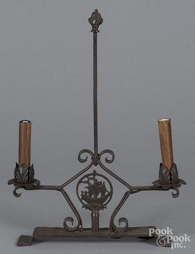 Wrought iron table top candlestand lamp, likely Oscar Bach, 16 1/2'' h.
