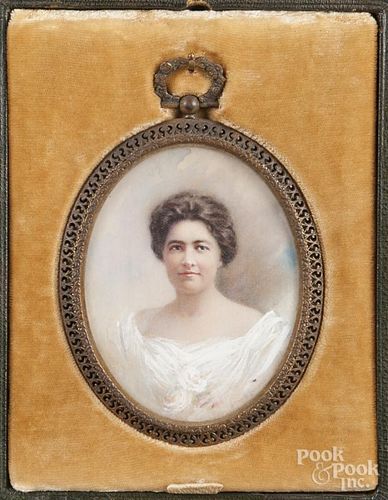 Miniature watercolor on ivory portrait of a woman, ca. 1900, 3 1/2'' x 2 3/4''.