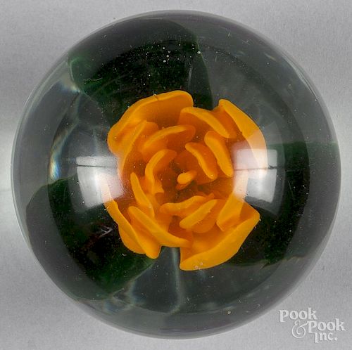 Millville, New Jersey, orange crimp rose footed paperweight, with central stamen, 3 3/4'' dia.