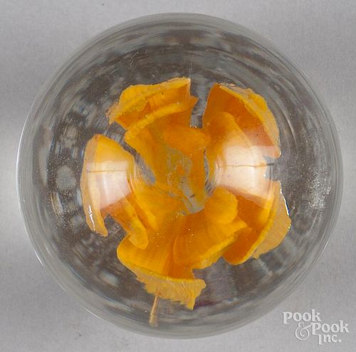 Tony DePalma, Millville, New Jersey, orange crimp rose footed paperweight, stamped on base, 2 3/4'' d